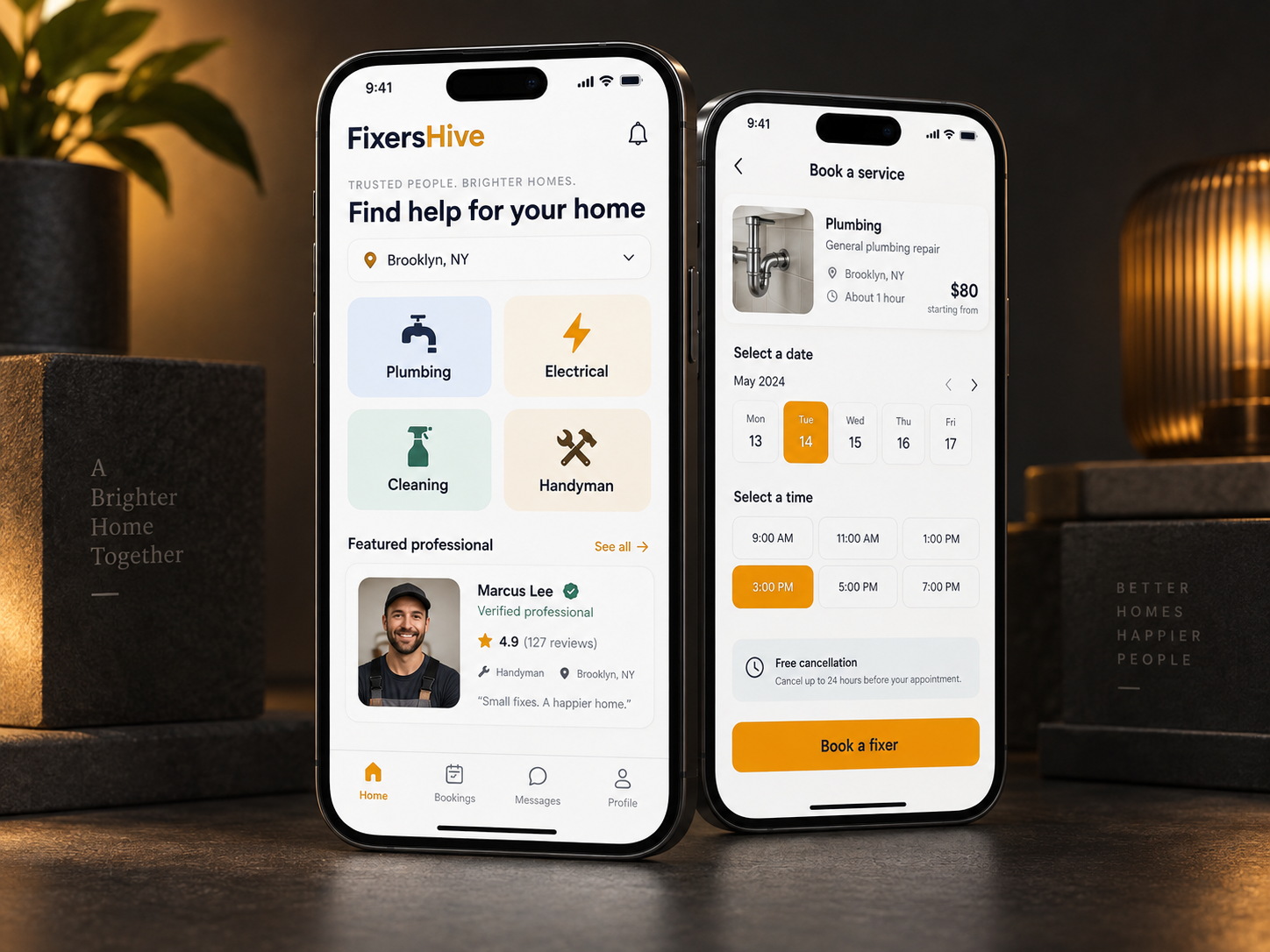 FixersHive mobile app showing home-service categories and a booking flow